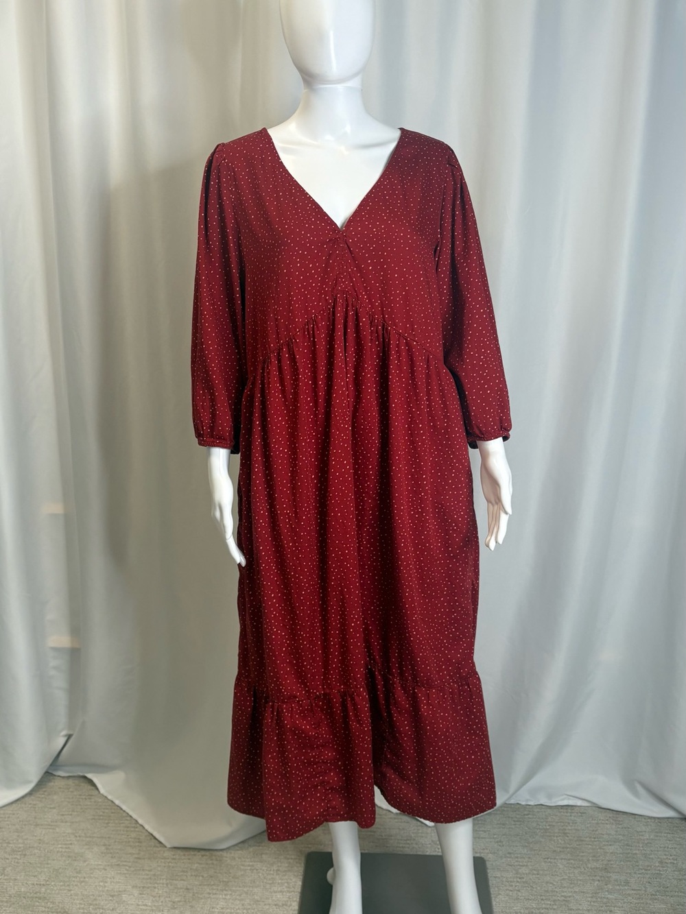 GAP Polka Dot Puff Sleeve Babydoll Midi Dress Size Large Red Tiered Ruffle Hem - Picture 11 of 12